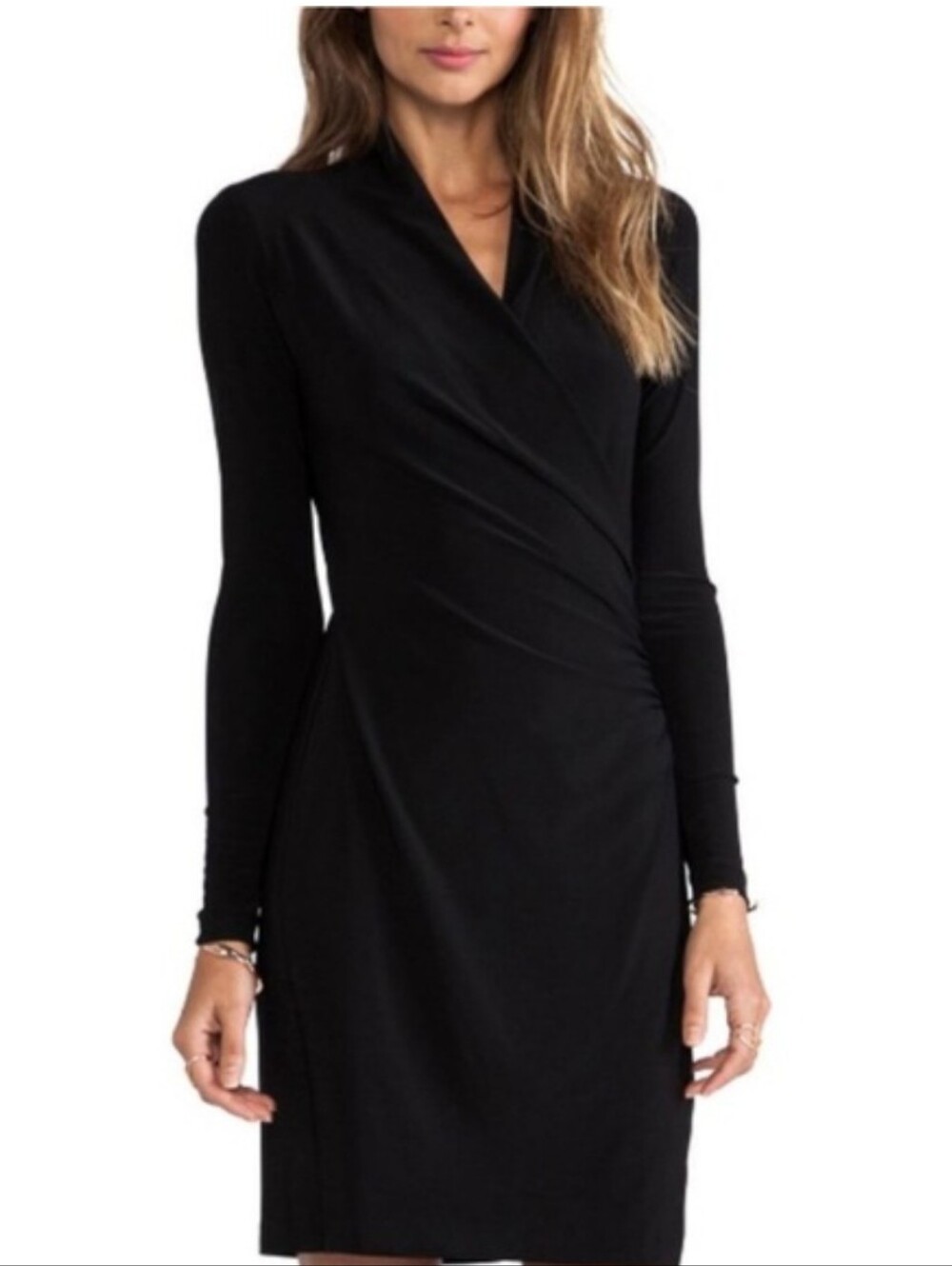 Norma Kamali Long Sleeve Side Draped Black Stretch Faux Wrap Dress Size XXL